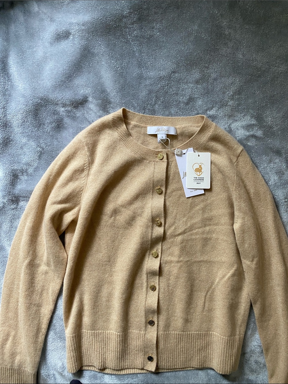 Lily Pulitzer Gold Cashmere Crewneck Cardigan w/ gold buttons